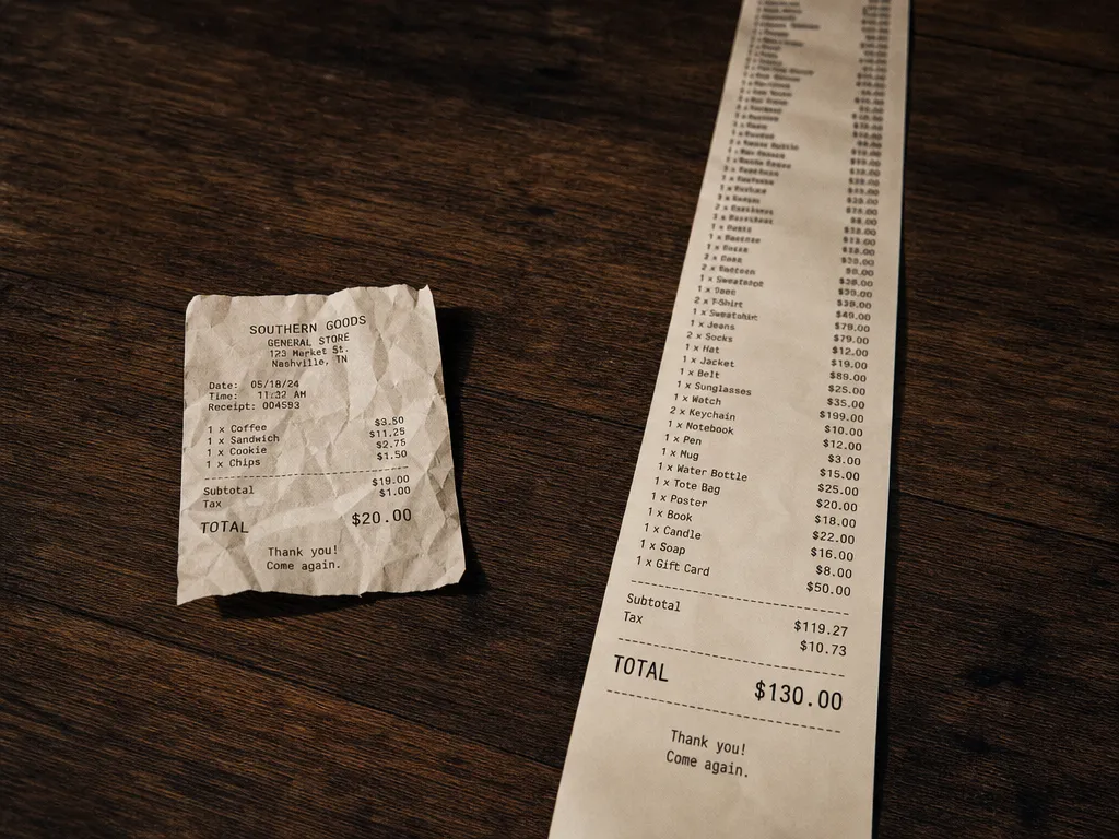 Two paper receipts on a dark wooden surface — one short and crumpled at $20, one absurdly long trailing off frame past $130