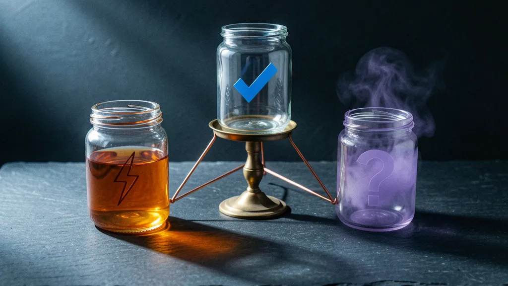 Three glass apothecary jars connected by copper wire on dark slate, one amber with a bolt, one clear with a checkmark, one with purple mist