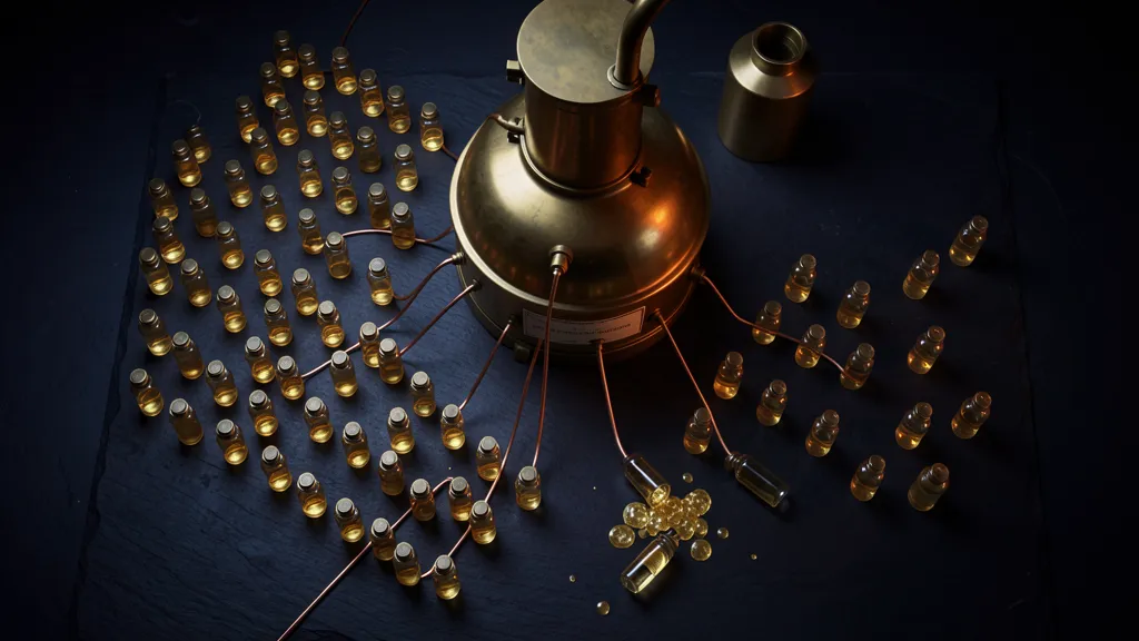 Hundreds of small glass vials on dark slate connected by copper tubes to a massive central brass reservoir