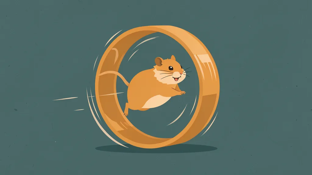 A hamster runs furiously inside a wheel that spins freely, detached from any cage or stand, going nowhere