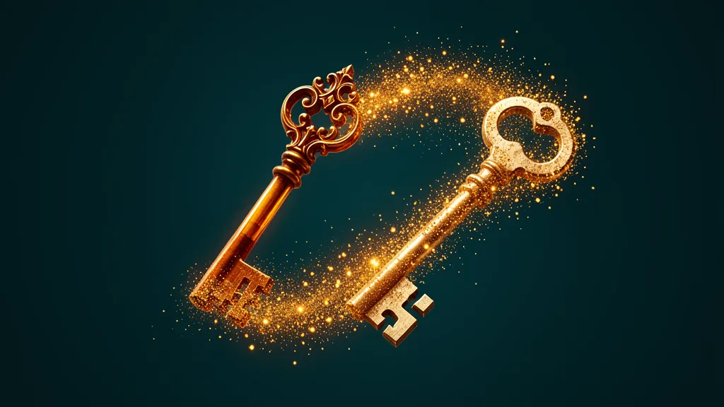 An ornate vintage amber key dissolving into particles that reform as a plain generic skeleton key, both floating against dark teal background, warm amber glow
