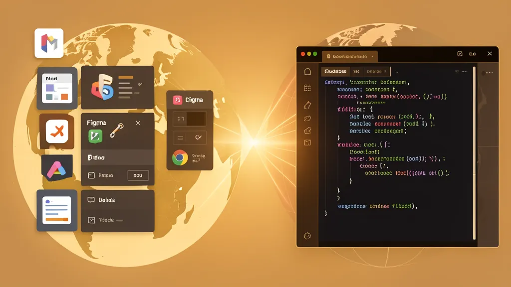 Two worlds building toward each other — design world with Figma tools on left, code world with Claude terminal on right, converging at center