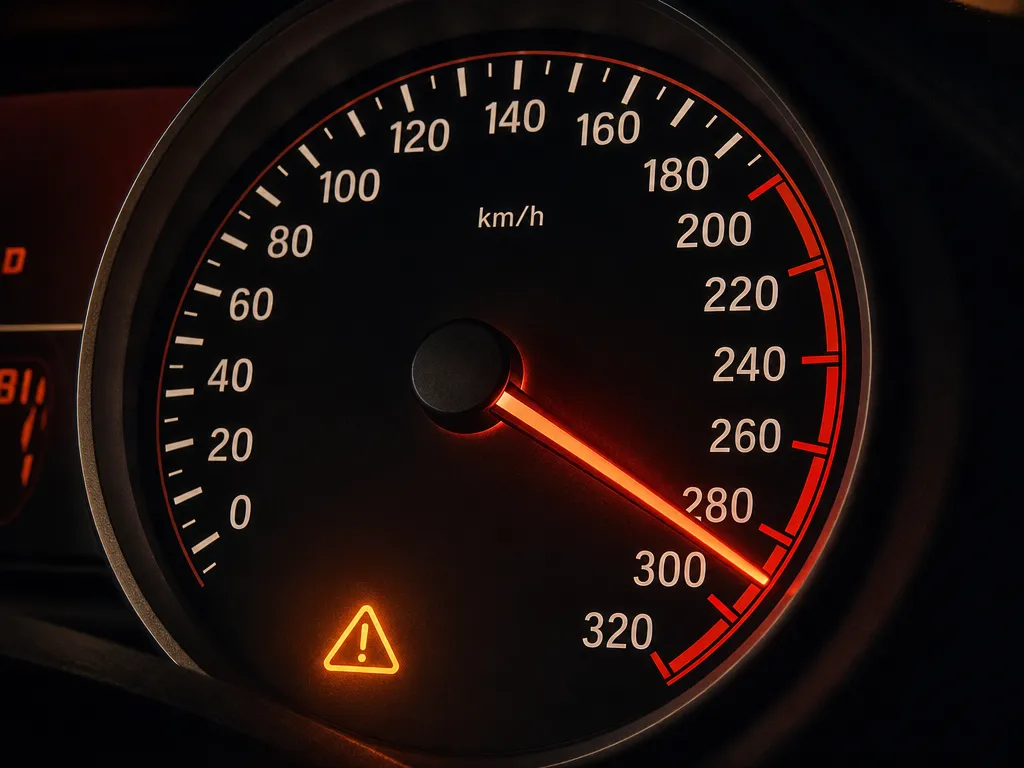 A car dashboard speedometer with needle pinned past redline, warning amber glow, no speed limit sign visible