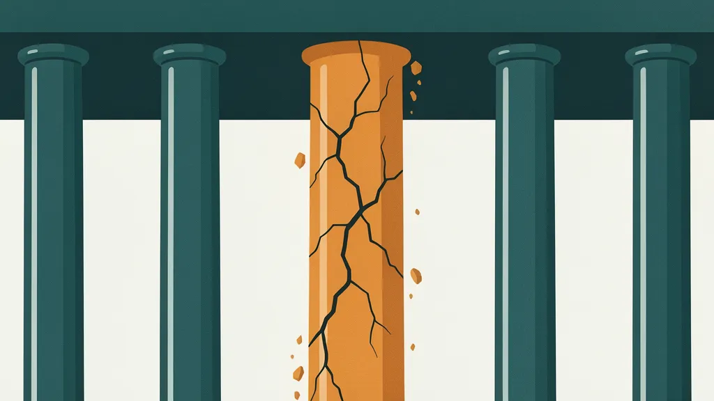 A row of pristine teal columns, but one amber column in the center is cracked and crumbling, bearing the heaviest weight