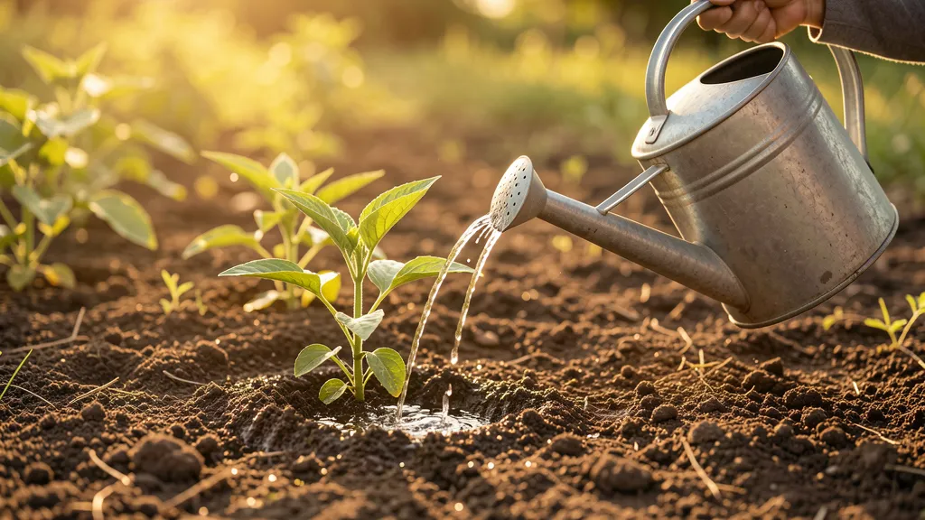Watering can watering plants but most water missing bare soil, only thin stream reaching plant, inefficiency visualization