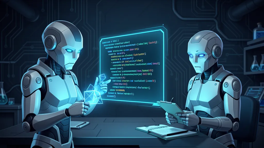 Two glowing geometric entities examining floating holographic code block in cool blues and cyans, dark laboratory setting with circuit patterns