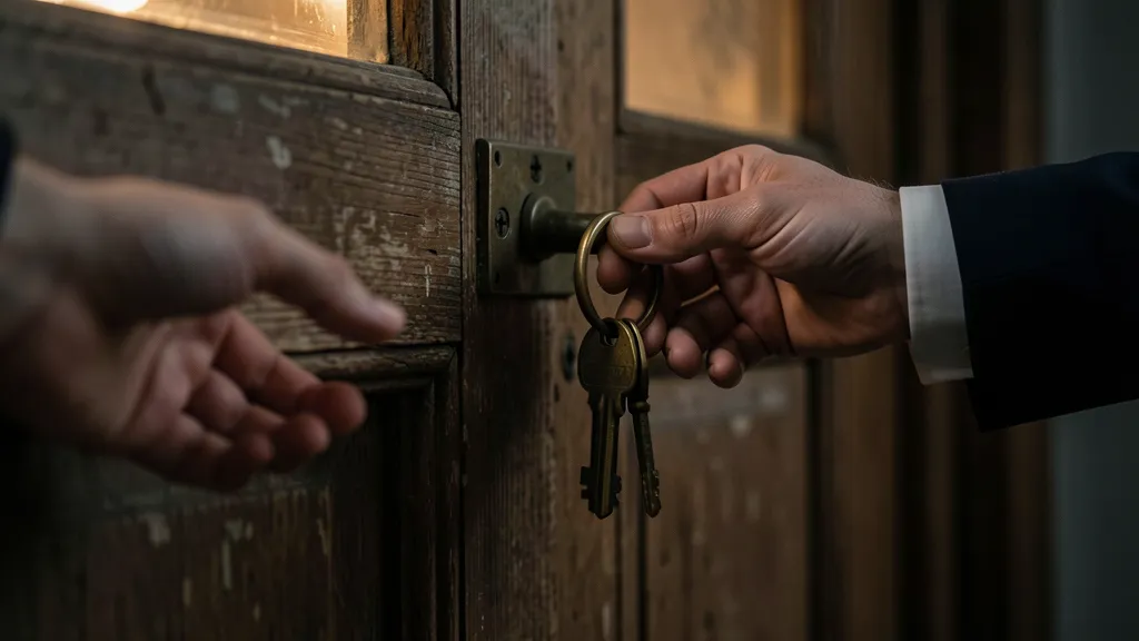 An antique brass key ring with three old keys on a weathered door, a corporate suit cuff reaching to take them