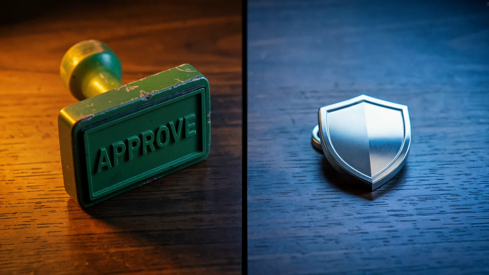 A green APPROVE rubber stamp on the left vs a silver security shield on the right, split warm-cool lighting on a wooden desk