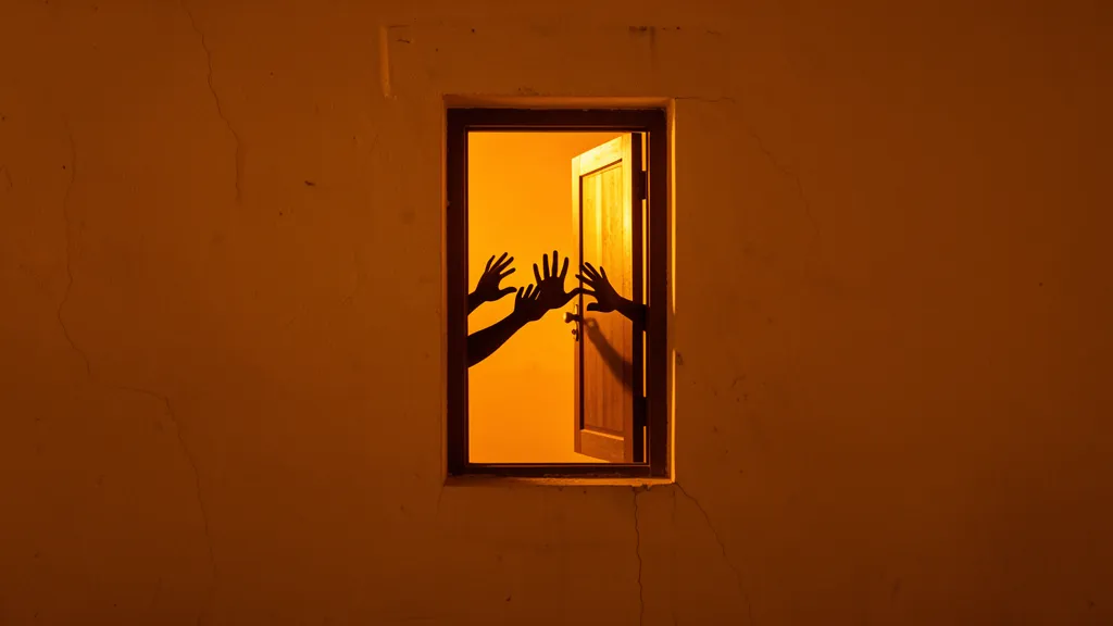 A small amber door ajar in a large amber wall, three silhouette hands reaching through from the other side, warm amber glow