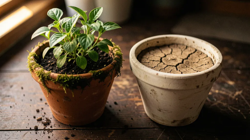 Two terracotta pots on a wooden bench: one thriving with lush green growth, one barren with cracked dry soil