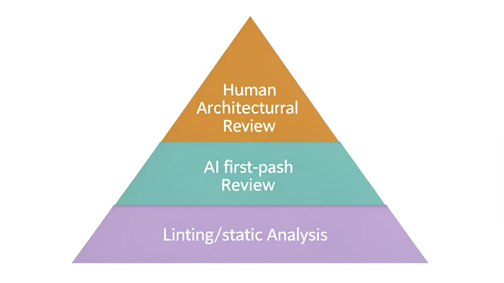 Three-tier pyramid — purple base (linting), teal middle (AI first-pass), amber top (human architectural review)
