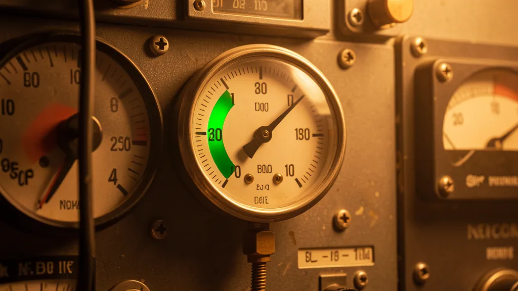 Pressure gauge with needle firmly in green zone, instrument panel, mechanical precision
