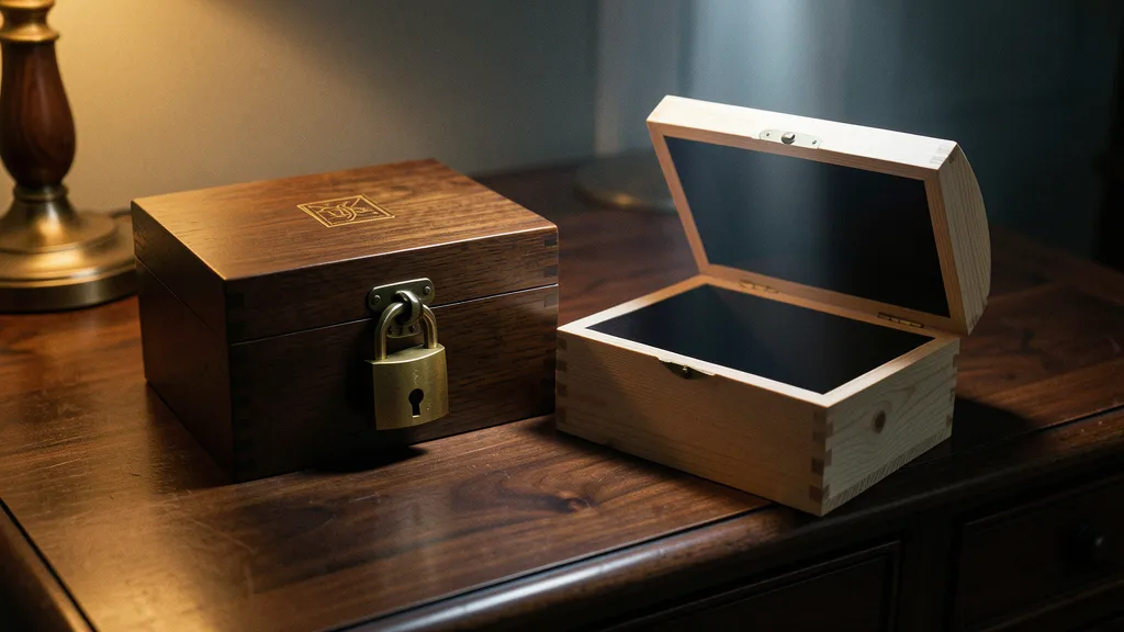 Two antique wooden boxes on a dark desk: one sealed with a brass padlock, one open but revealing only darkness inside