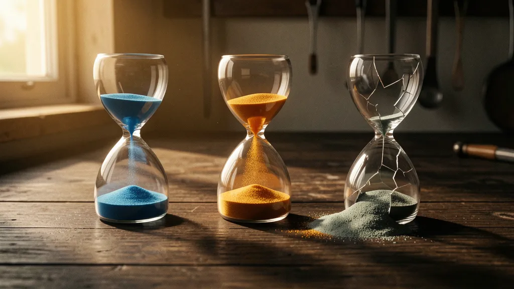 Three glass hourglasses on a dark workbench — one nearly empty, one half full, one cracked with sand spilling out