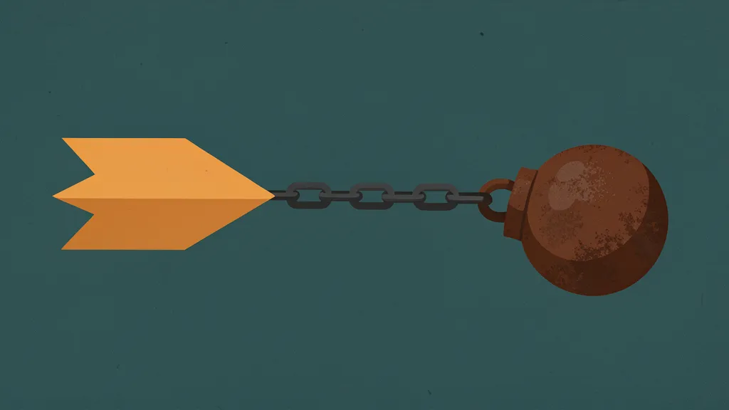A sleek amber arrow flies forward, but a heavy iron chain drags a massive rusted ball behind it