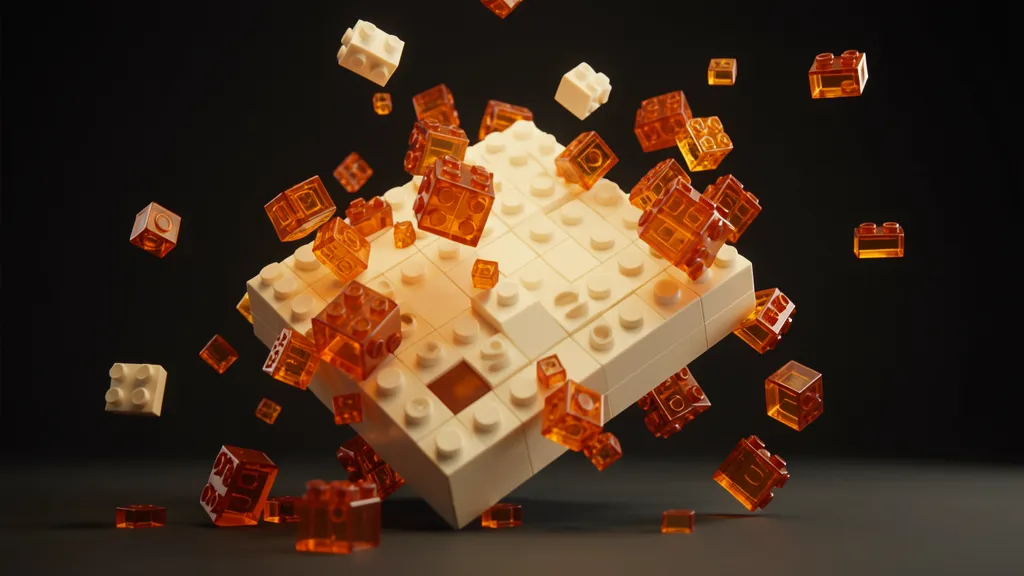 Amber building blocks of varied complex shapes collapsing mid-motion into a single flat pale block, warm colors against dark background, sense of uniformity overtaking diversity