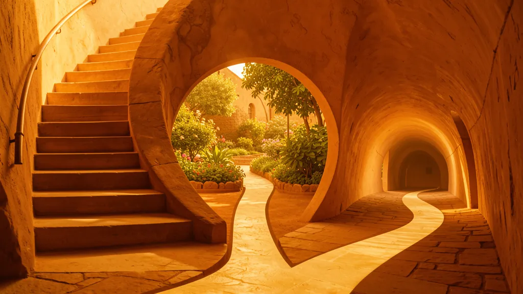 Three diverging amber paths from a single point — one becomes ascending steps, one goes through a garden, one narrows between walls