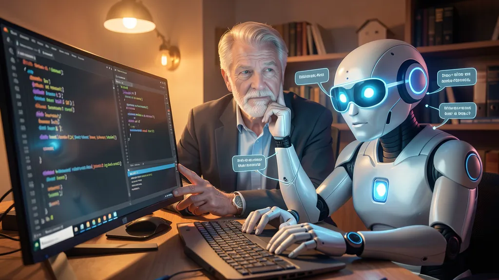 Senior engineer with thoughtful expression reviewing code, stylized robot assistant with glowing eyes showing suggestions, warm lighting contrasting cool tech blues