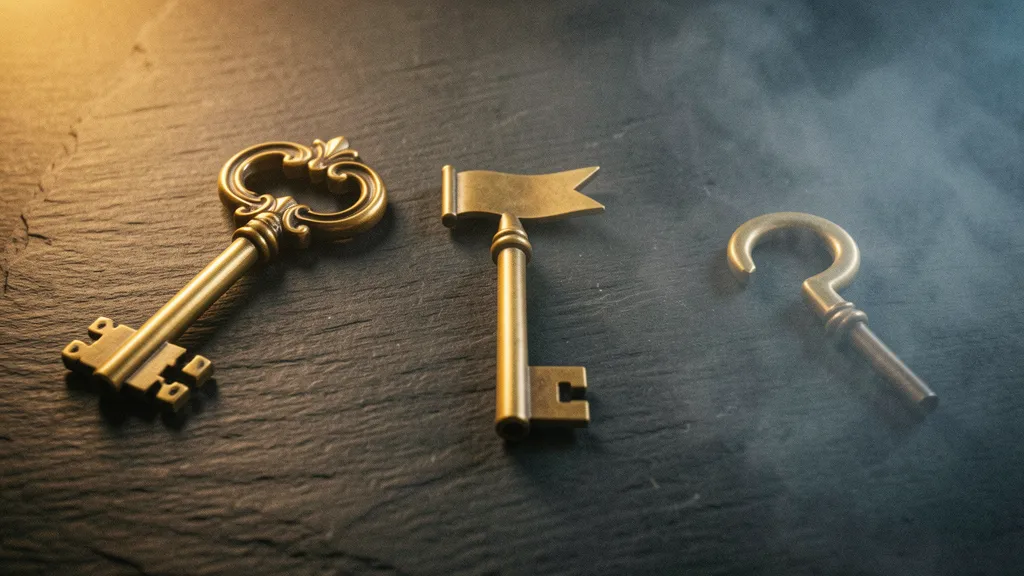 Three brass keys on dark slate: one ornate pointing left, one plain pointing forward, one broken trailing into mist at right