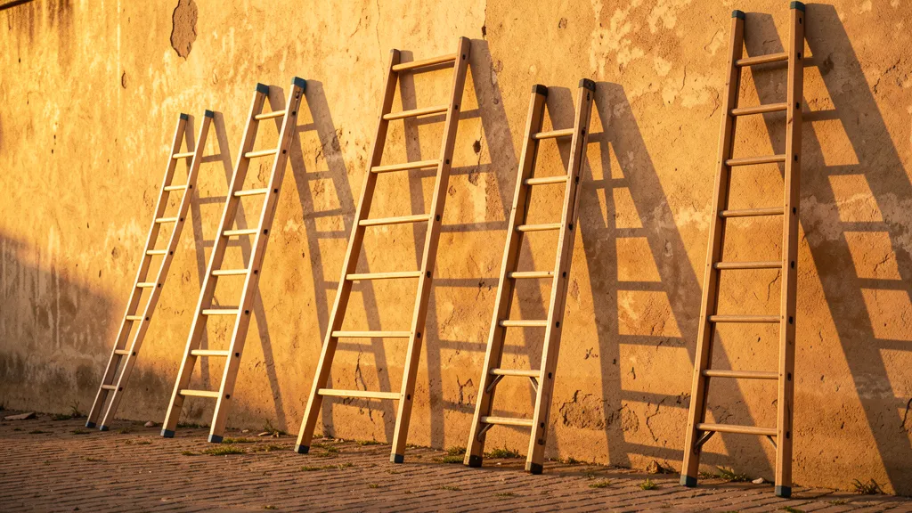 Set of ladders against wall at different heights, warm golden hour light, alternatives metaphor