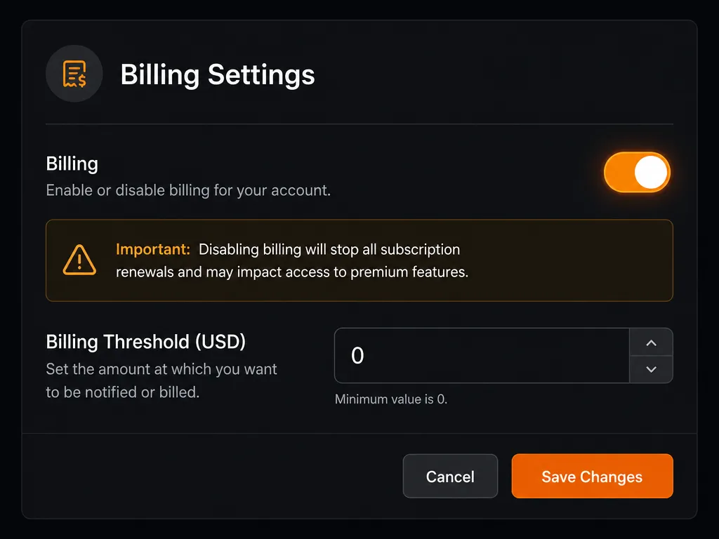 A dark settings panel with a billing toggle switch glowing orange, a warning icon, and a numeric input field showing zero