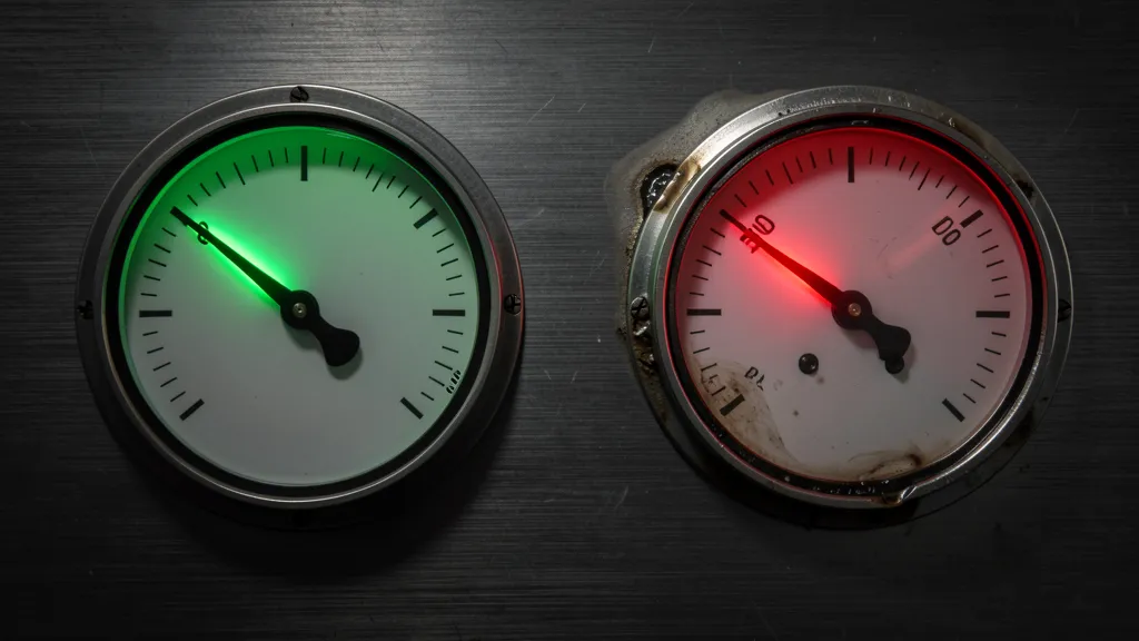 Two industrial analog gauges on a dark metal panel. Left gauge green-lit, needle at maximum. Right gauge red-lit, needle pushed beyond scale, bezel showing heat damage.