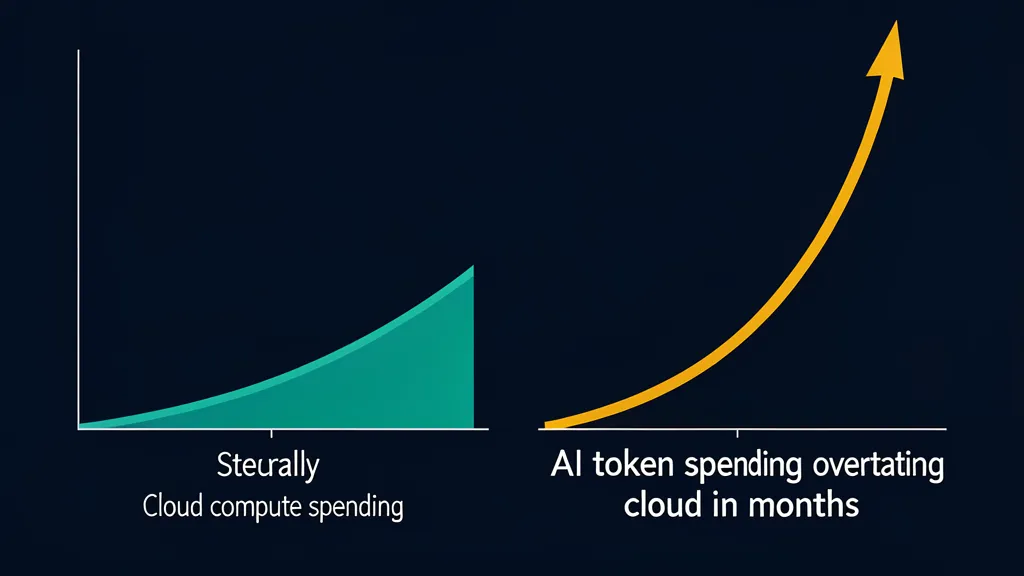 Dual-axis chart: cloud compute spending 2015-2025 as steady exponential growth vs AI token spending 2024-2026 as a vertical hockey stick.