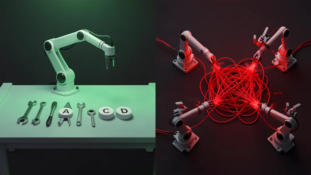 Split screen: single robotic arm with tools on left vs multiple tangled arms on right