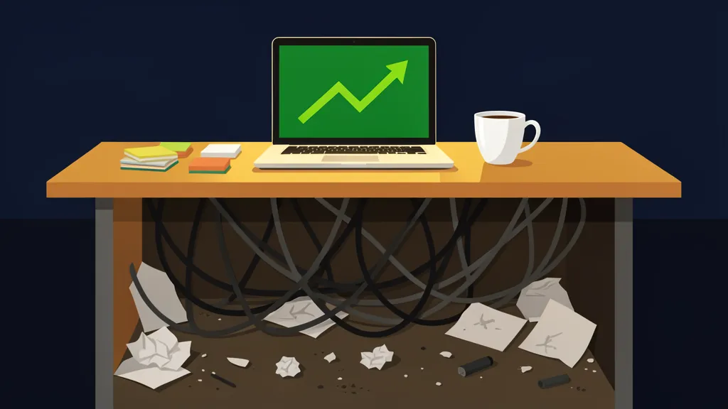 A pristine white desk with laptop showing green dashboard charts, concealing tangled cables and debris below the surface