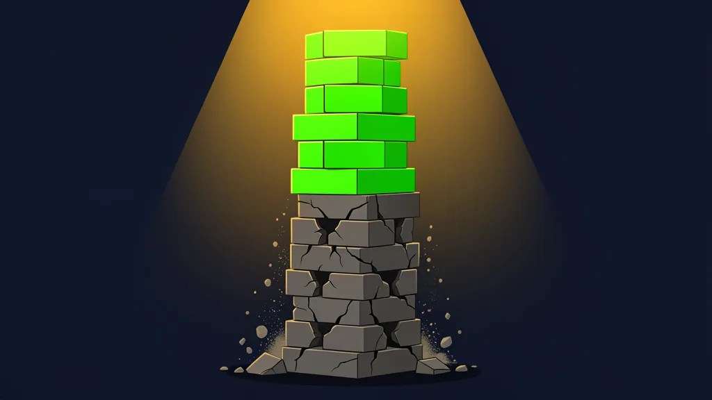 A tower of bright green pristine building blocks on top of dark crumbling cracked blocks, harsh spotlight on green section only